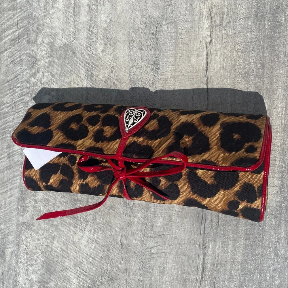 Brighton Leopard Print Jewelry Roll Organizer Red Patent Trim Heart Charm